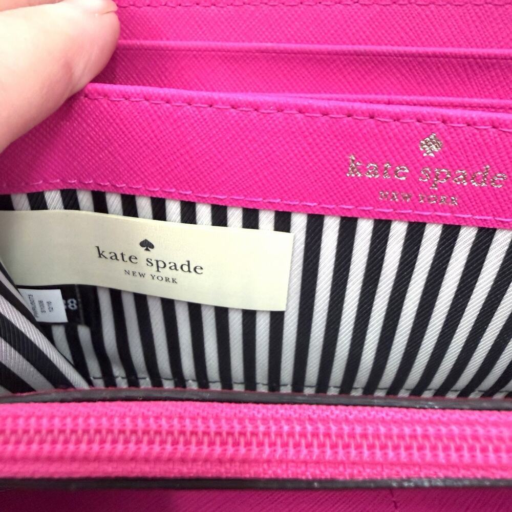Kate Spade Zip Around Hot Pink Leather Wallet B&W Striped Interior - Picture 4 of 11